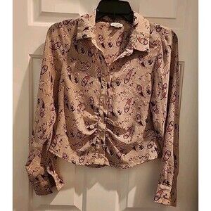 Camellia Button Up Shirt Womens Size Mediun Paisley Print Long Sleeve Frnt Pleat